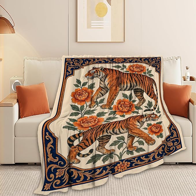 Tiger Blanket Super Soft Warm Fluffy Fleece Flannel Asian Oriental Animal Throw Blanket Cozy Fuzzy Plush Stuff Bedding Blankets Gifts for Women Kids Boys Girls Adults 60"X50"