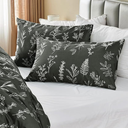 MUXHOMO Duvet Cover Full Size, Reversible Floral Dark Grey Duvet Cover Set with Zipper Closure, 3 Pieces Botanical Patterns Soft Microfiber Bedding Set with 4 Ties (80"x90", 2 Pillow Cases)