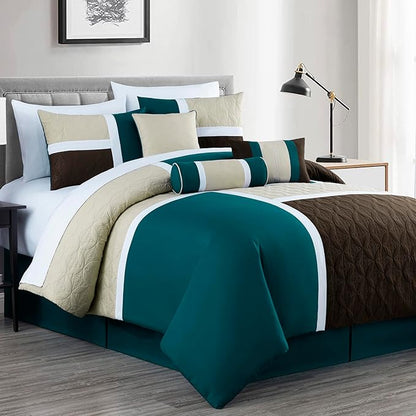 Chezmoi Collection Upland 7-Piece Quilted Patchwork Comforter Set, Teal/Beige/Brown, King