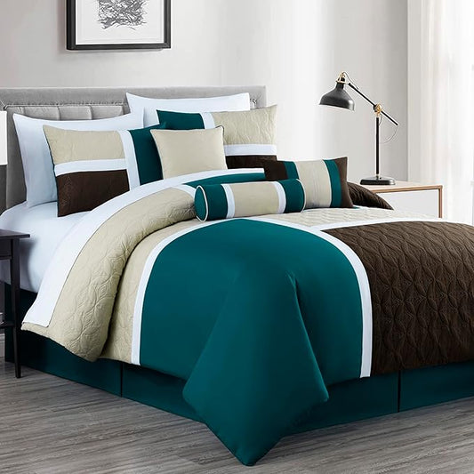 Chezmoi Collection Upland 7-Piece Quilted Patchwork Comforter Set, Teal/Beige/Brown, King