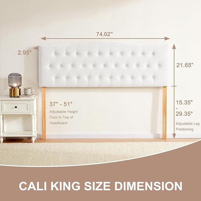 Tufted Headboard California King Size, Sturdy Solid Wood Head Board, White | Upholstered California King Headboard with Solid Wood Legs, Adjustable Height 37-51 in, Fabric Button Diamond HeadBoards