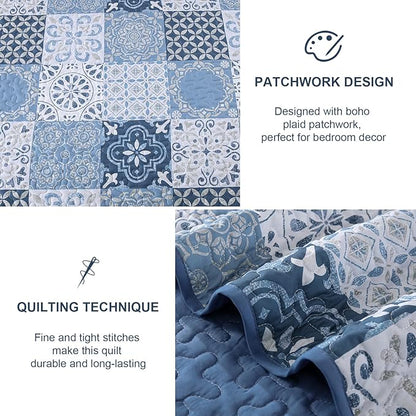 Dobuyly Blue Quilt Set Queen Size, Boho Mineral Blue Plaid Patchwork Bedspreads Coverlet Set, 3 Pieces Soft Lightweight Microfiber Quilt Bedding Set for All Seasons 96"x90"