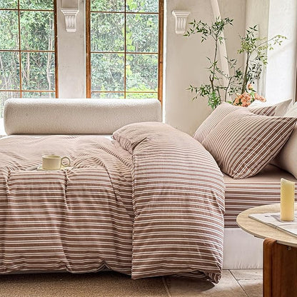 Striped Duvet Cover Set 100% Washed Cotton Linen Like Soft Feelling Breathable Bedding(Burnt Orange/White Strip,Twin)