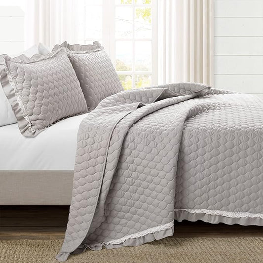 Lush Decor Ella Ruffle Lace Quilt, 3 Piece Set, King, Light Gray - Cute Quilt - King Bedding Set - Gray Bedding - Coquette Decor - Ruffle Trim - Lace Trim