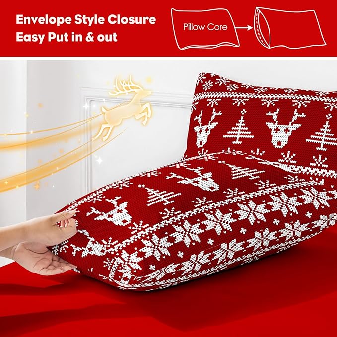 YIYEA Christmas Pillow Cases Queen Size Set of 4, Ultra Soft Double Brushed Microfiber Red Pillowcases and Christmas Reindeer Pillow Covers, Envelope Closure, Fade Resistant (20"x30")