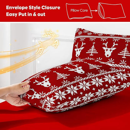 YIYEA Christmas Pillow Cases Queen Size Set of 4, Ultra Soft Double Brushed Microfiber Red Pillowcases and Christmas Reindeer Pillow Covers, Envelope Closure, Fade Resistant (20"x30")