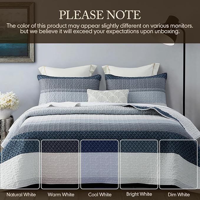 DURLENGEN Quilt Set California King Size 3Pcs,Soft Microfiber Lightweight Bedspread,Blue & Navy Striped Geometric Pattern Coverlet for All Season Layering(Cal King 112x104, Blue Patchwork)
