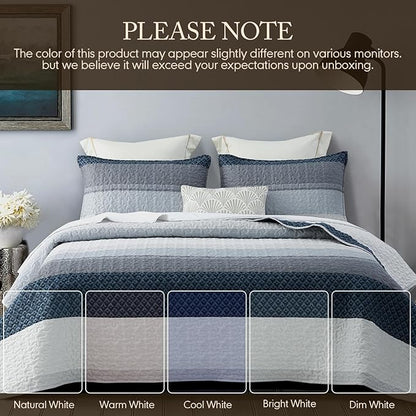 DURLENGEN Quilt Set California King Size 3Pcs,Soft Microfiber Lightweight Bedspread,Blue & Navy Striped Geometric Pattern Coverlet for All Season Layering(Cal King 112x104, Blue Patchwork)