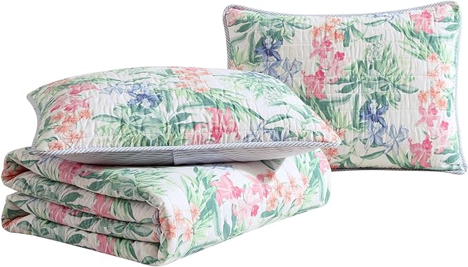 Tommy Bahama - King Quilt Set, Reversible Cotton Coastal Bedding with Matching Shams, Colorful Botanical Bedding Set (Island Orchid Pink/Blue)