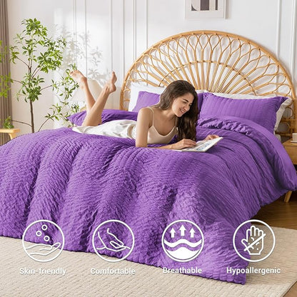 HYMOKEGE Dark Purple Duvet Cover Queen Size, Ultra Soft 3-Piece Seersucker Duvet Cover Set with Zipper Closure, Soft Brushed Microfiber Bedding Set with 8 Corner Ties (90"x90", 2 Pillowshams)