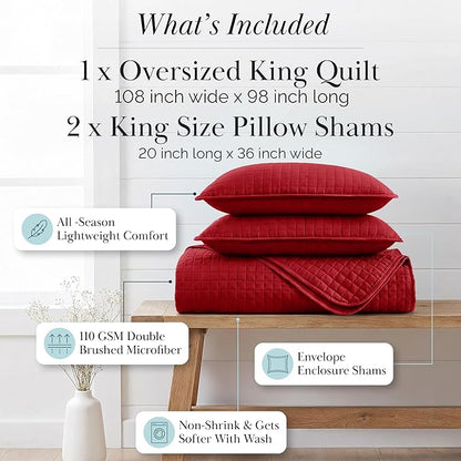 Southshore Fine Living, Inc. Red Quilt King Size Set with 2 Pillow Shams, Soft Microfiber Bedspread, Stain & Pet Hair Resistant Bedding, Cal/King Quilt Set with 2 Pillow Shams, Chili Pepper Red