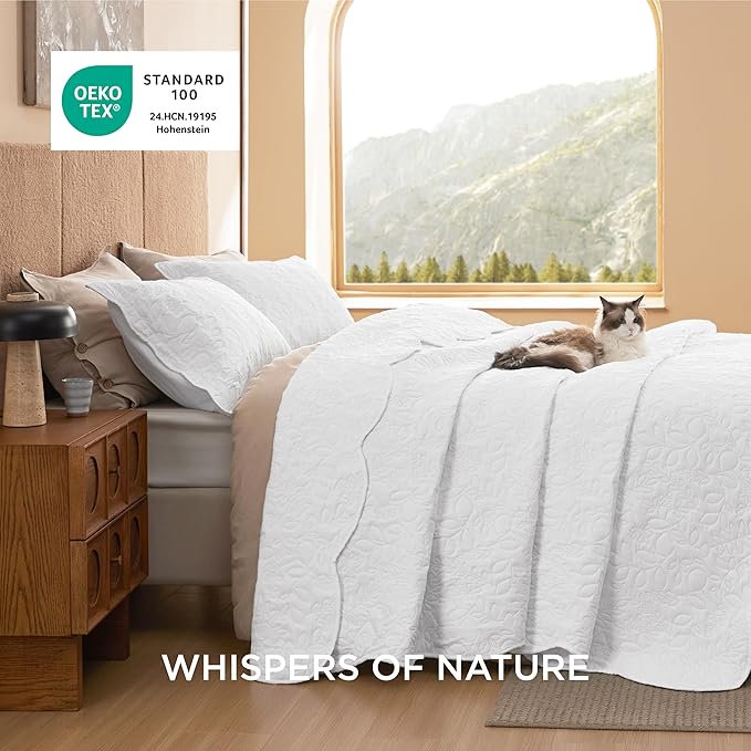 Bedsure Quilts Queen Size - Ultra Soft Pre-Washed Cloud-Like Bedding, All-Season Lightweight Comforter for Country Bedroom, Leaf Design Coverlet in Pure White, 90 x 96 Inches | Stitch-Free Quilting, Ultra Soft, Lightweight, Machine Washable, Pet-Friendly