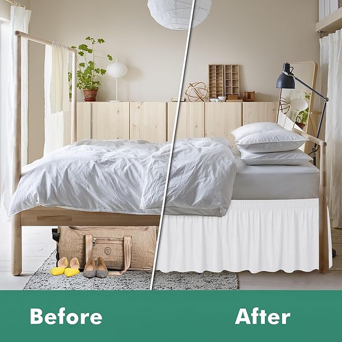 Biscaynebay Wrap Around Bed Skirts with Split Corners for King Beds 15" Drop, White Adjustable Elastic Dust Ruffles Easy Fit Wrinkle Resistant Silky Luxurious Fabric Machine Washable
