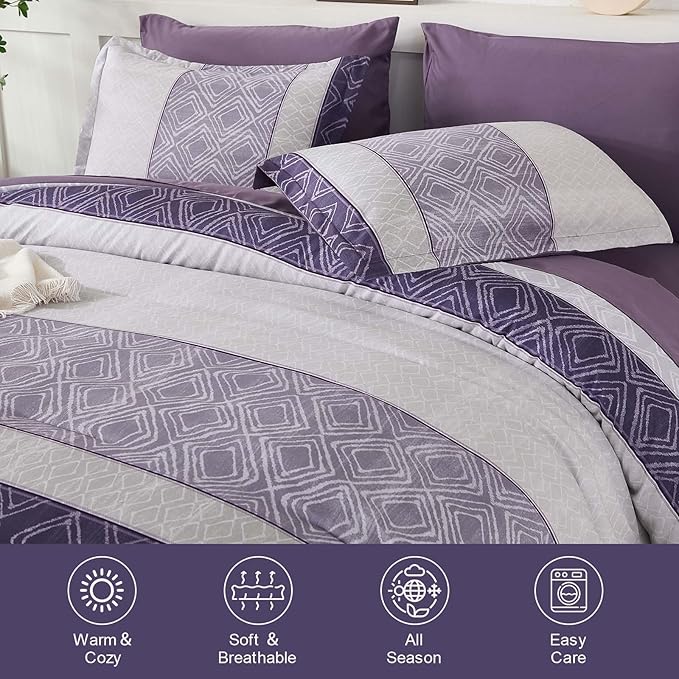 Dinjoy Purple King Size Comforter Set,Striped Boho Bed in a Bag King 7 Pieces Soft Microfiber Warm Fall Bedding Comforters Sets Modern Complete Bed Set for Women All Season