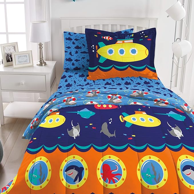 dream FACTORY Kids 5-Piece Complete Set Easy-Wash Super Soft Microfiber Comforter Bedding, Twin, Navy Submarine
