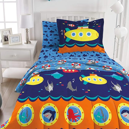 dream FACTORY Kids 7-Piece Complete Set Easy-Wash Super Soft Microfiber Comforter Bedding, Full, Navy Submarine