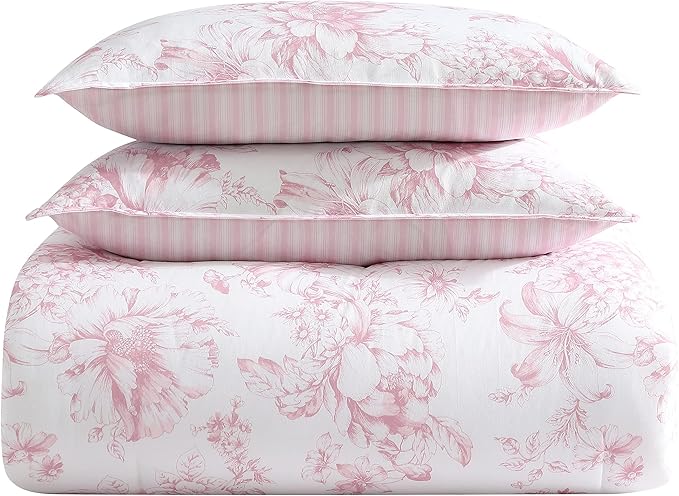 Laura Ashley - Twin XL Comforter Set, Reversible Cotton Bedding for Year Round Use, 2 Piece Coquette Bed Set with Matching Pillowcase (Delphine Mauve Pink)