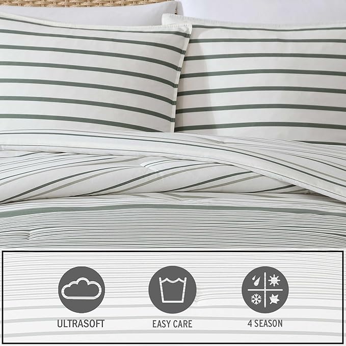 Eddie Bauer - King Comforter Set, Super Soft Bedding with Matching Shams, Two-Piece Back Closure, Modern Room Essentials (Cooper Stripe Green, King)