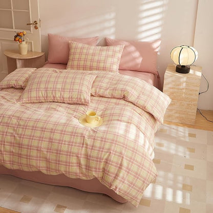 HighBuy Blush Gingham Queen Comforter Set Modern Style Checkered Pattern Comforter Boho Plaid Comforter Set Fluffy Queen Comforter Set for Men Women,1 Geometric Comforter with 2 Pillow Shams