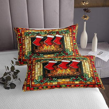 Christmas Stocking Kids Bedspread King Size,Merry Christmas Poinsettia Flower Rustic Cabin Coverlet Set,Boys Girls Room Decor,Geometric Plaid Quilted Coverlet,Red Xmas Bedding Quilt,2 Pillowcases