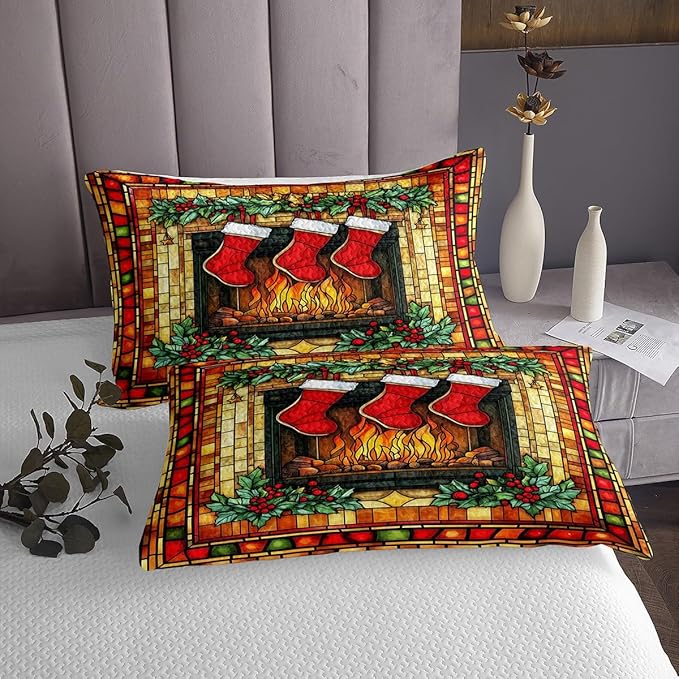 Christmas Stocking Kids Bedspread Twin Size,Merry Christmas Poinsettia Flower Rustic Cabin Coverlet Set,Boys Girls Room Decor,Geometric Plaid Quilted Coverlet,Red Xmas Bedding Quilt,1 Pillowcase