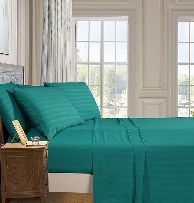 Elegant Comfort Softest and Coziest 4-Piece Sheet Set - 1500 Premium Hotel Quality Microfiber - Luxurious Wrinkle Resistant 4-Piece Damask Stripe Bed Sheet Set, Twin, Turquoise