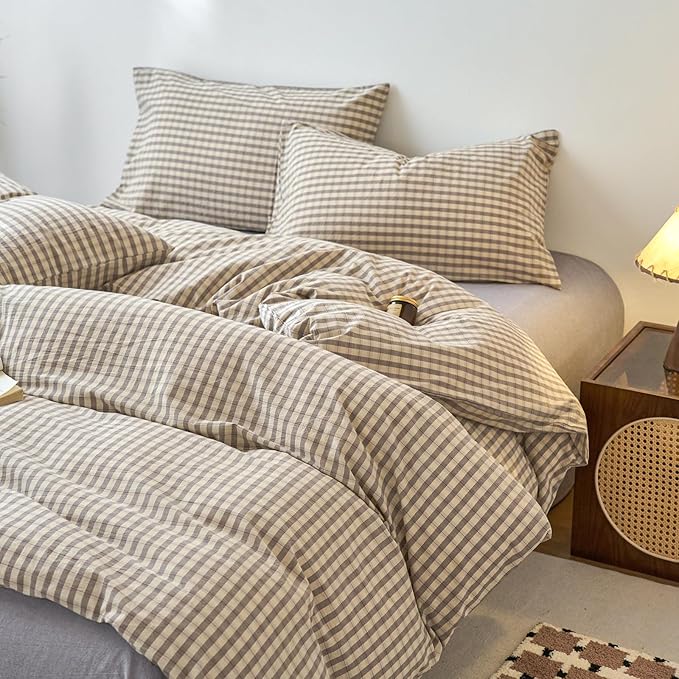 EAVD Vintage Style Grey Plaid Duvet Cover King Soft 100% Washed Cotton Chic Grey Checkered Gingham Bedding Set with 2 Pillowcases Farmhouse Gingham Duvet Cover with Zipper Closure