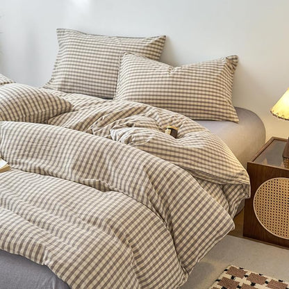 EAVD Vintage Style Grey Plaid Duvet Cover Queen Soft 100% Washed Cotton Chic Grey Checkered Gingham Bedding Set with 2 Pillowcases Farmhouse Gingham Duvet Cover with Zipper Closure