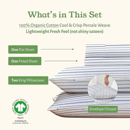 California Design Den California King Sheet Stripe, 100% Organic Cotton Percale Sheets, Deep Pocket Cal King Size Sheets & Pillowcase Set - Blue Stripe