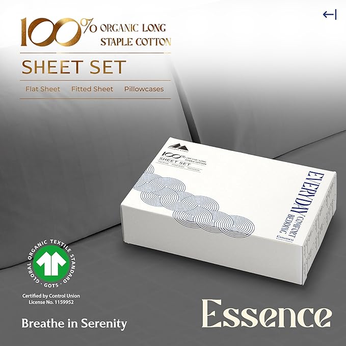 Mayfair Linen 100% Organic Cotton Percale Sheets Twin Size - 3 Piece Set, 16" Deep Pocket, Soft & Crisp, Cooling Sheets for Dorm Room - Dark Grey