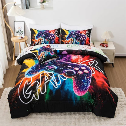 Aimuan Gamer Gaming Bedding Sets 3D Gamepad Comforter Sets for Boys Games Console Action Buttons Novelty Colorful Game Controller Modern Room Decor Home Quilt Set (Black-Purple, Queen 6Pcs)