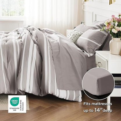 Bedsure California King Comforter Set 7 Pieces, Taupe Striped Bedding Set for All Seasons, Reversible, Cationic Dyeing Bed in a Bag with Comforter, Sheets, Pillowcases & Shams