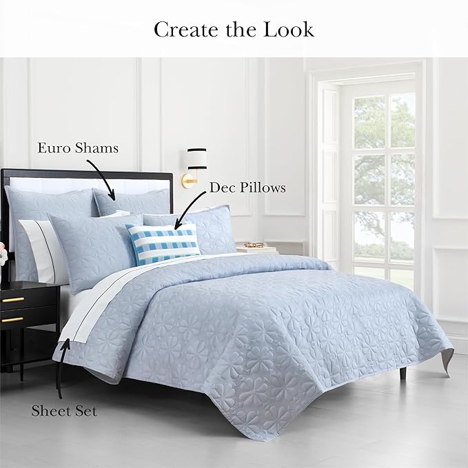 kate spade new york Spade Floral Euro Sham, 26" x 26" Spring Pillow Cover, Single 100% Cotton Sateen Cover, Machine Washable, Halogen Blue