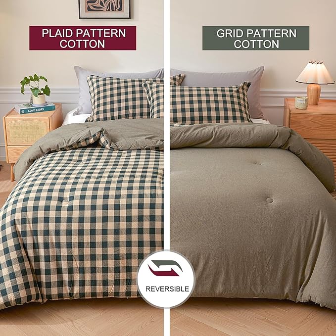 Cyusri Cotton Plaid King Comforter Set - Soft Lightweight Bedding 3 Pieces Dyed Bed Set with 2 Pillow Shams,Reversible All Season Farmhouse Down Alternative(King Size 104"x90" Dark Green)