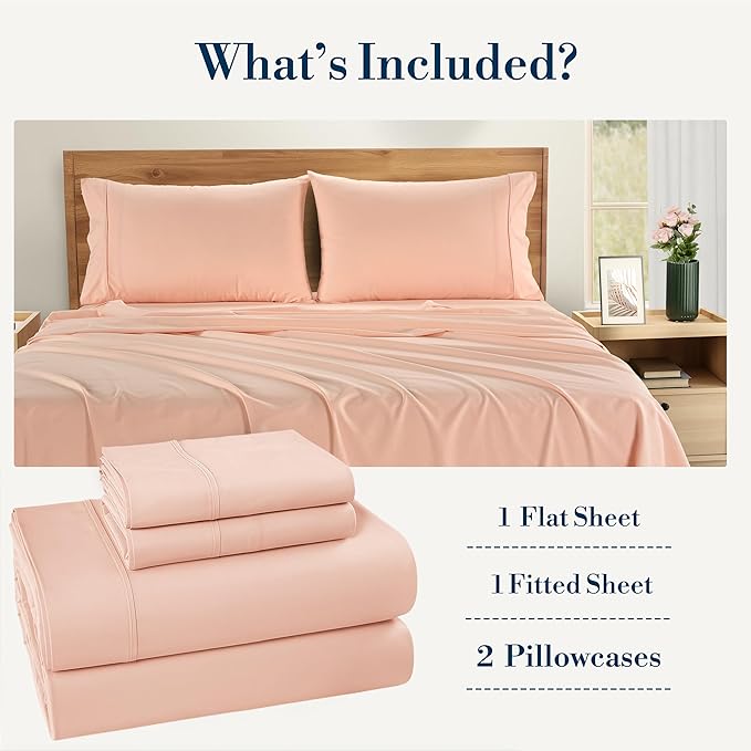 Casa Platino 100% Cotton Twin Size Sheets Set – 4 Piece Crisp Percale Twin Size Cooling Sheets, Lightweight for Summer, with 15" Deep Pocket Fitted Sheet Nightly Comfort & Airy Sleep – Veiled Rose