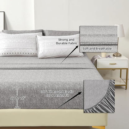 WONGS BEDDING Boho Comforter Set King Size,7 Pieces Grey White Geometric Bohemian Bed in a Bag Comforter Complete Striped Bedding Set for All Season with Sheets,Pillowcases & Shams Soft Microfiber