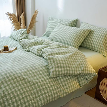 EAVD Vintage Style Green&White Plaid Gingham Duvet Cover King Soft 100% Washed Cotton Fresh Grid Checkered Gingham Bedding Set with 2 Pillowcases Farmhouse Green Plaid Duvet Cover with Zipper Closure