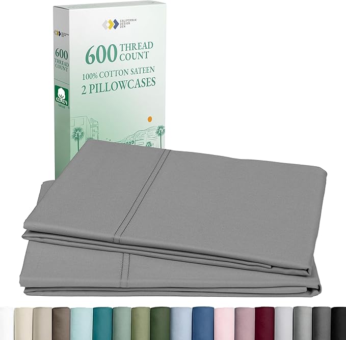 Luxuriously Soft Premium 600 Thread Count, 100% Cotton Set of 2 Cases, Crisp Pillow Cases King Size Set of 2, Fits King Pillows (Mist Grey)