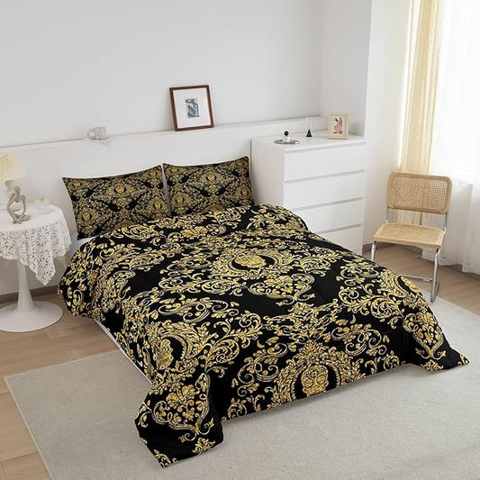 Feelyou Adults Golden Vintage Damask Floral Comforter Set Oriental Antique Comforter Queen Size Gothic Bohemia Boho Bedding Set Exotic Sugar Skull Duvet Set Quilt Set 3Pcs