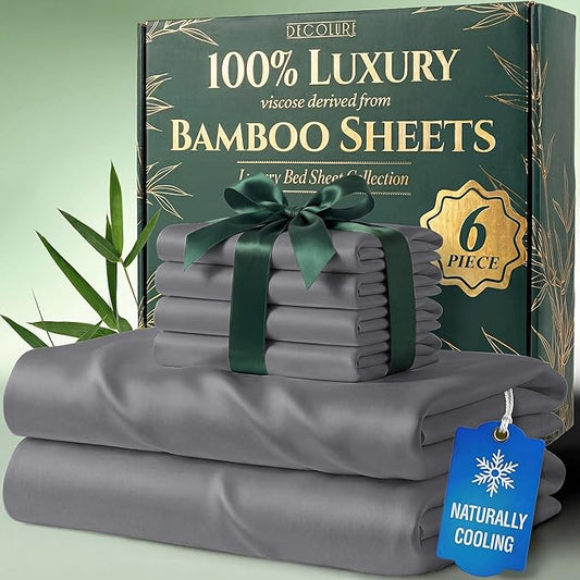 DECOLURE 100% Viscose Derived from Bamboo Sheets California King Size - Luxury 6 Pc Naturally Cooling Sheets, Ultra Soft Bed Set - Deep 17" Pockets, Double Stitching, Oeko Tex Standard (Midgrey)