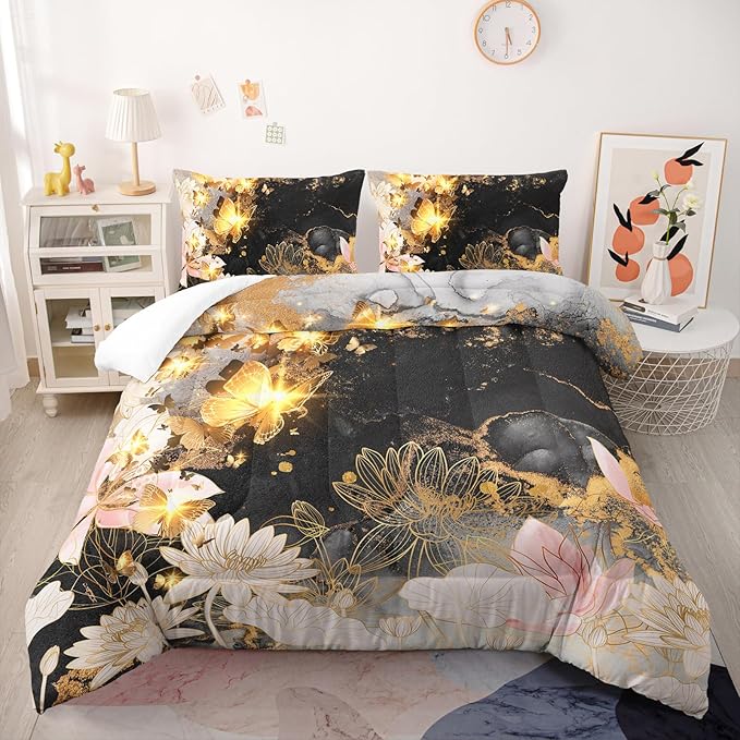 Butterfly Flowers Comforter Set Queen Lotus Floral Bedding Sets 3PCS for Kids Teen Adult Room Decor Ultra-Soft Lightweight Microfiber 1 Comforter with 2 Pillowcases