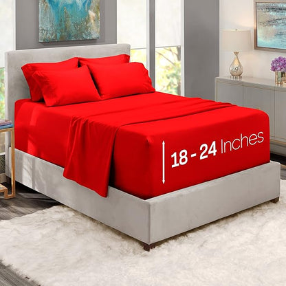 Hearth & Harbor Extra Deep Pocket Sheets - Fits Mattress 18-24 Inches Deep - Extra Deep Pocket California King Size - 6 Piece Cal King Sheets - Cal King, Cherry Red