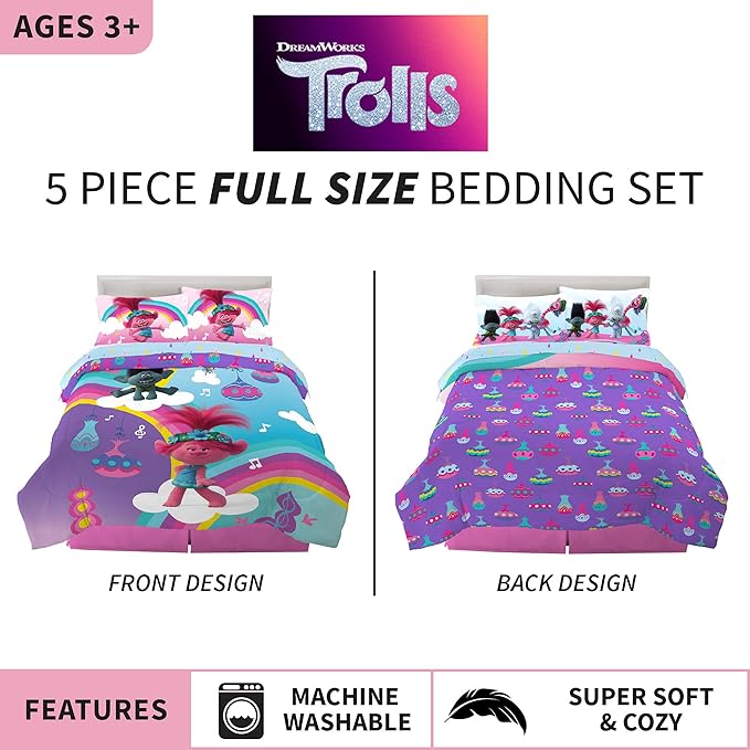 Franco Kids Bedding Super Soft Microfiber Comforter and Sheet Set, 5 Piece Full Size, Trolls World Tour