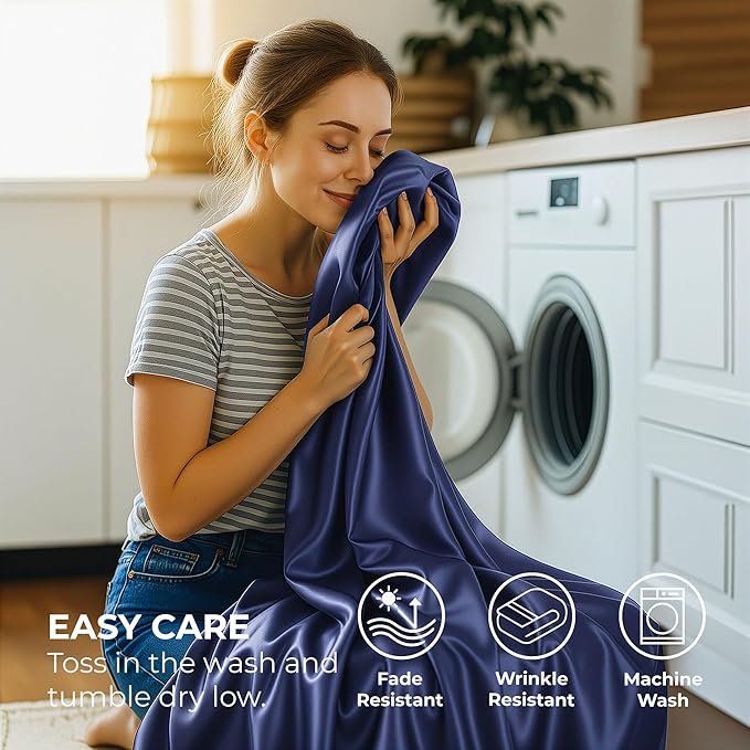 Satin Sheets California King [4-Piece, Midnight Blue] Hotel Luxury Silky Bed Sheets - Soft Microfiber Sheet Set, Wrinkle, Fade, Stain Resistant - Deep Pocket Fitted Sheet, Flat Sheet, Pillow Cases