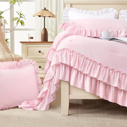 Andency Pink Ruffle Oversized King Comforter Set, Shabby Chic Farmhouse Bedding Sets 3 Pieces, Soft Lightweight Bet Set for All Season (1 Ruffle Comforter 2 Pillowcases)