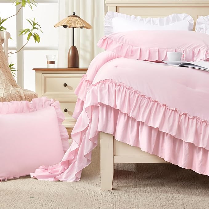 Andency Pink Ruffle Comforter Full Set, 3pcs Vintage Farmhouse Shabby Chic Bedding Comforter Set, Soft Lightweight Fluffy Bed Comforter Sets All Season Bedding Set