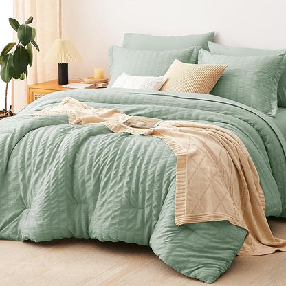CozyLux Queen Comforter Set Sage Green Seersucker 7 Pieces Bed in a Bag Queen Comforter Set with Sheets, Luxury Soft Bedding Set with Down Alternative Comforter, Sheets, Pillowcases & Shams All Season