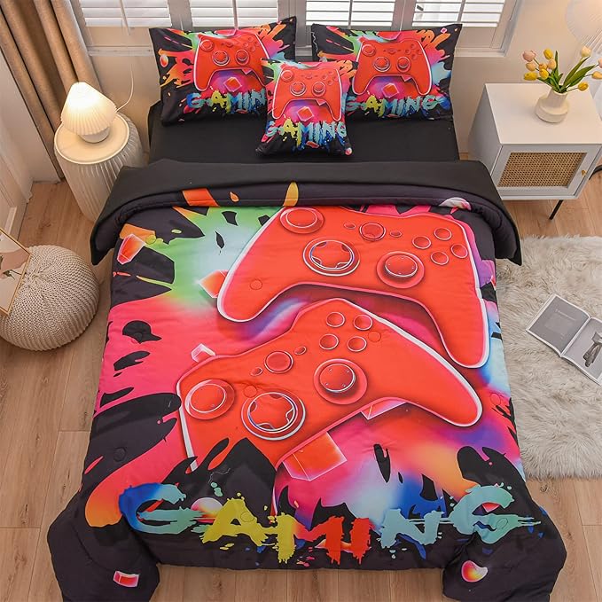 Aimuan Gamer Gaming Bedding Sets 3D Gamepad Comforter Sets for Boys Games Console Action Buttons Novelty Colorful Game Controller Modern Room Decor Home Quilt Set (Black, Full 6PCS)