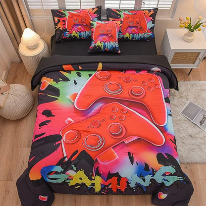 Aimuan Gamer Gaming Bedding Sets 3D Gamepad Comforter Sets for Boys Games Console Action Buttons Novelty Colorful Game Controller Modern Room Decor Home Quilt Set (Black, Full 6PCS)