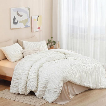 weigelia Cream Comforter Set Queen – Textured Ruched Cream Ivory Queen Comforter Set, Soft White Aesthetic Bedding with 2 Pillowcases, 3 Piece Modern Organic Bedroom Comforter Set